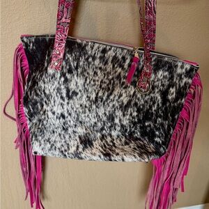 Stylish Black cowhide and Pink Fringe purse